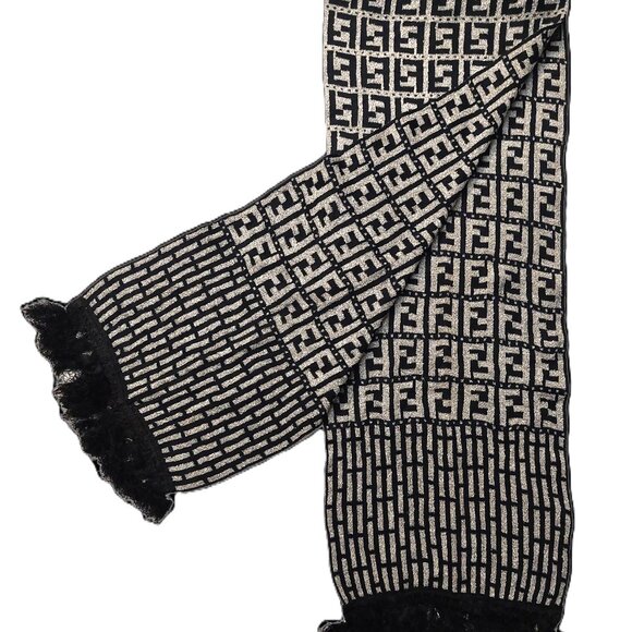 Vintage FENDI Black & Silver Monogram & Geometric Print Scarf with Black Fringes - Picture 2 of 8